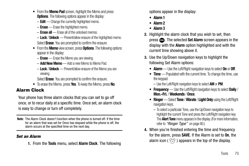 Alarm clock, Set an alarm | Samsung Byline SCH-R310 User Manual | Page 73 / 120