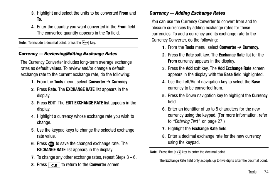 Currency — reviewing/editing exchange rates, Currency — adding exchange rates | Samsung Byline SCH-R310 User Manual | Page 77 / 120