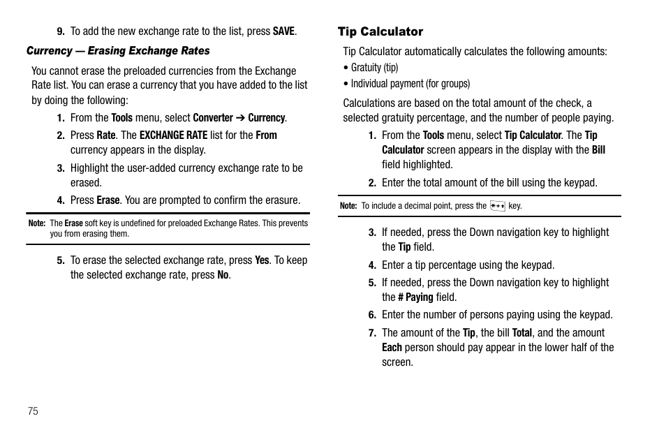 Currency — erasing exchange rates, Tip calculator | Samsung Byline SCH-R310 User Manual | Page 78 / 120