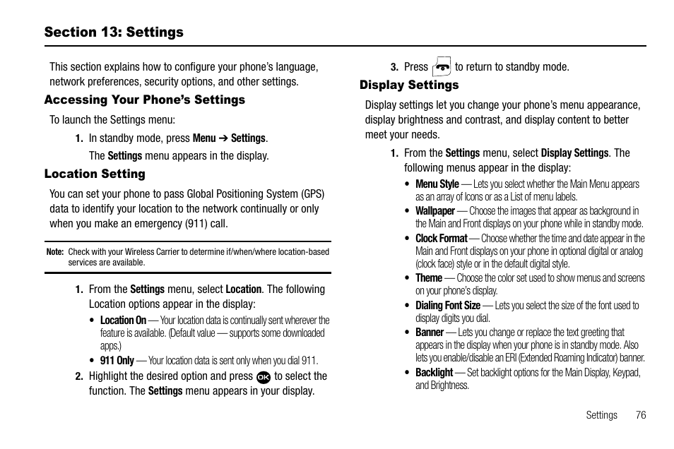 Section 13: settings, Accessing your phone’s settings, Location setting | Display settings | Samsung Byline SCH-R310 User Manual | Page 79 / 120