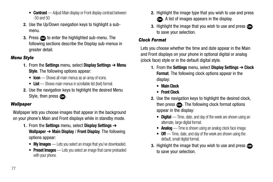 Menu style, Wallpaper, Clock format | Samsung Byline SCH-R310 User Manual | Page 80 / 120