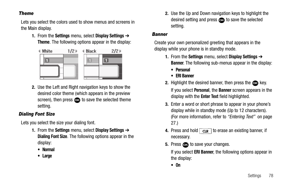 Theme, Dialing font size, Banner | Samsung Byline SCH-R310 User Manual | Page 81 / 120