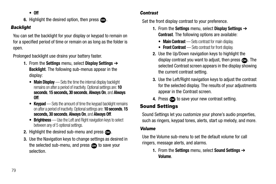 Backlight, Contrast, Sound settings | Volume | Samsung Byline SCH-R310 User Manual | Page 82 / 120