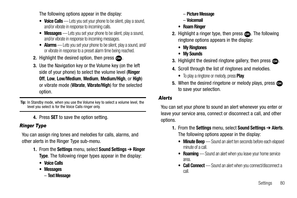 Ringer type, Alerts | Samsung Byline SCH-R310 User Manual | Page 83 / 120