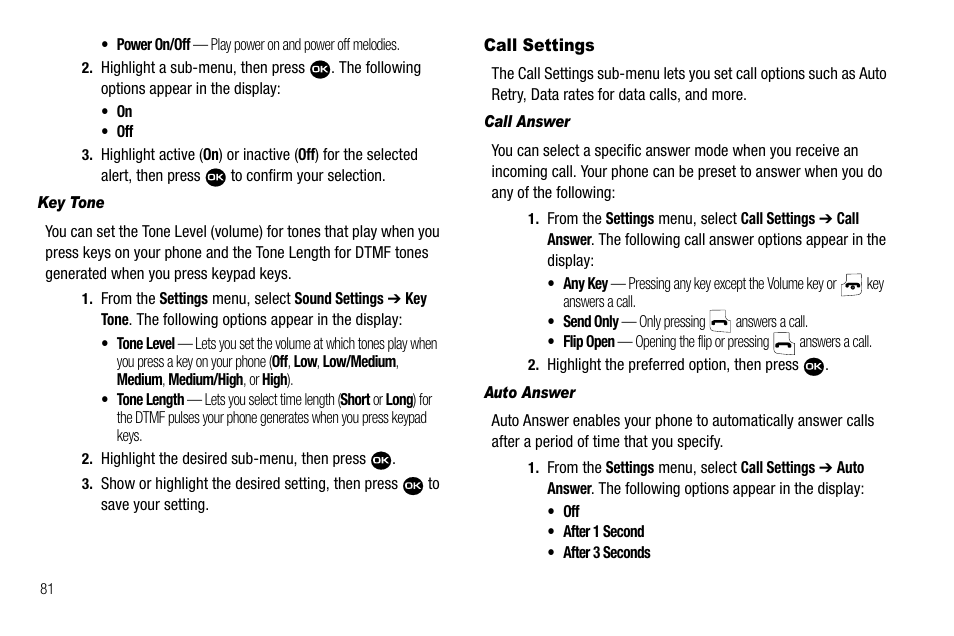 Key tone, Call settings, Call answer | Auto answer | Samsung Byline SCH-R310 User Manual | Page 84 / 120