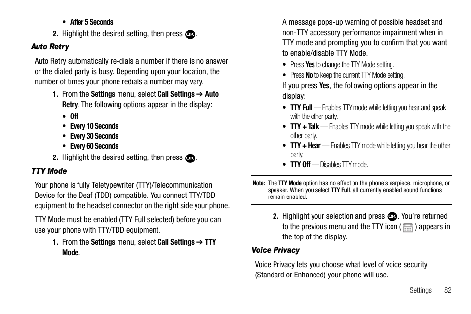 Auto retry, Tty mode, Voice privacy | Samsung Byline SCH-R310 User Manual | Page 85 / 120