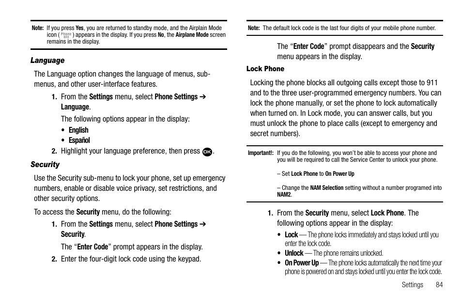 Language, Security, Lock phone | Samsung Byline SCH-R310 User Manual | Page 87 / 120