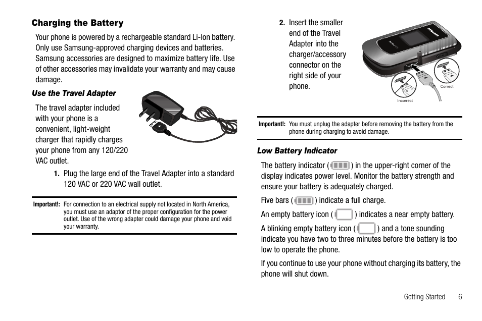 Charging the battery, Use the travel adapter, Low battery indicator | Samsung Byline SCH-R310 User Manual | Page 9 / 120