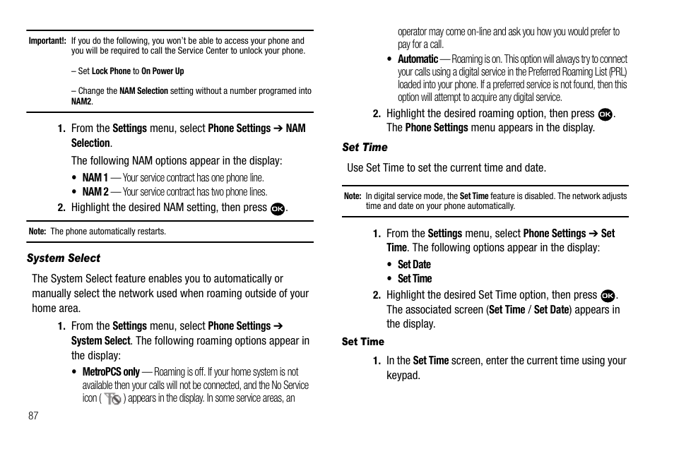 System select, Set time | Samsung Byline SCH-R310 User Manual | Page 90 / 120