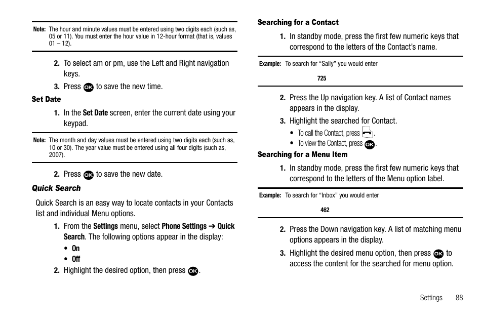 Set date, Quick search, Searching for a contact | Searching for a menu item | Samsung Byline SCH-R310 User Manual | Page 91 / 120