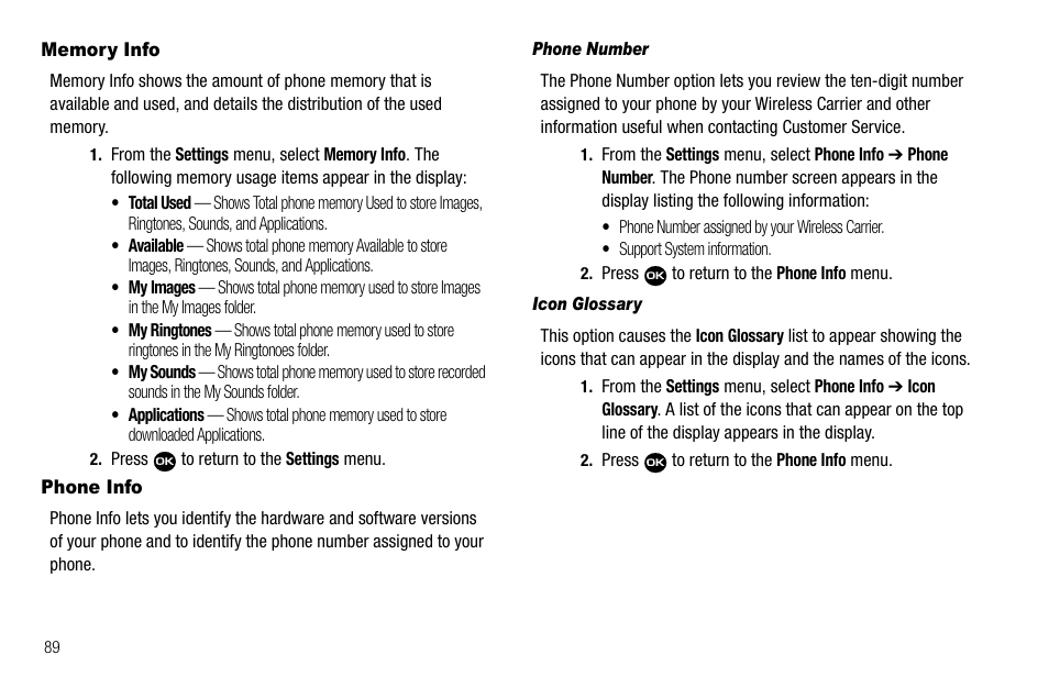Memory info, Phone info, Phone number | Icon glossary, Memory info phone info | Samsung Byline SCH-R310 User Manual | Page 92 / 120