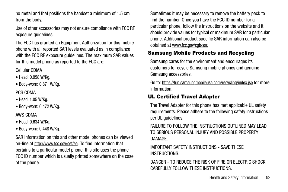 Samsung mobile products and recycling, Ul certified travel adapter | Samsung Byline SCH-R310 User Manual | Page 95 / 120