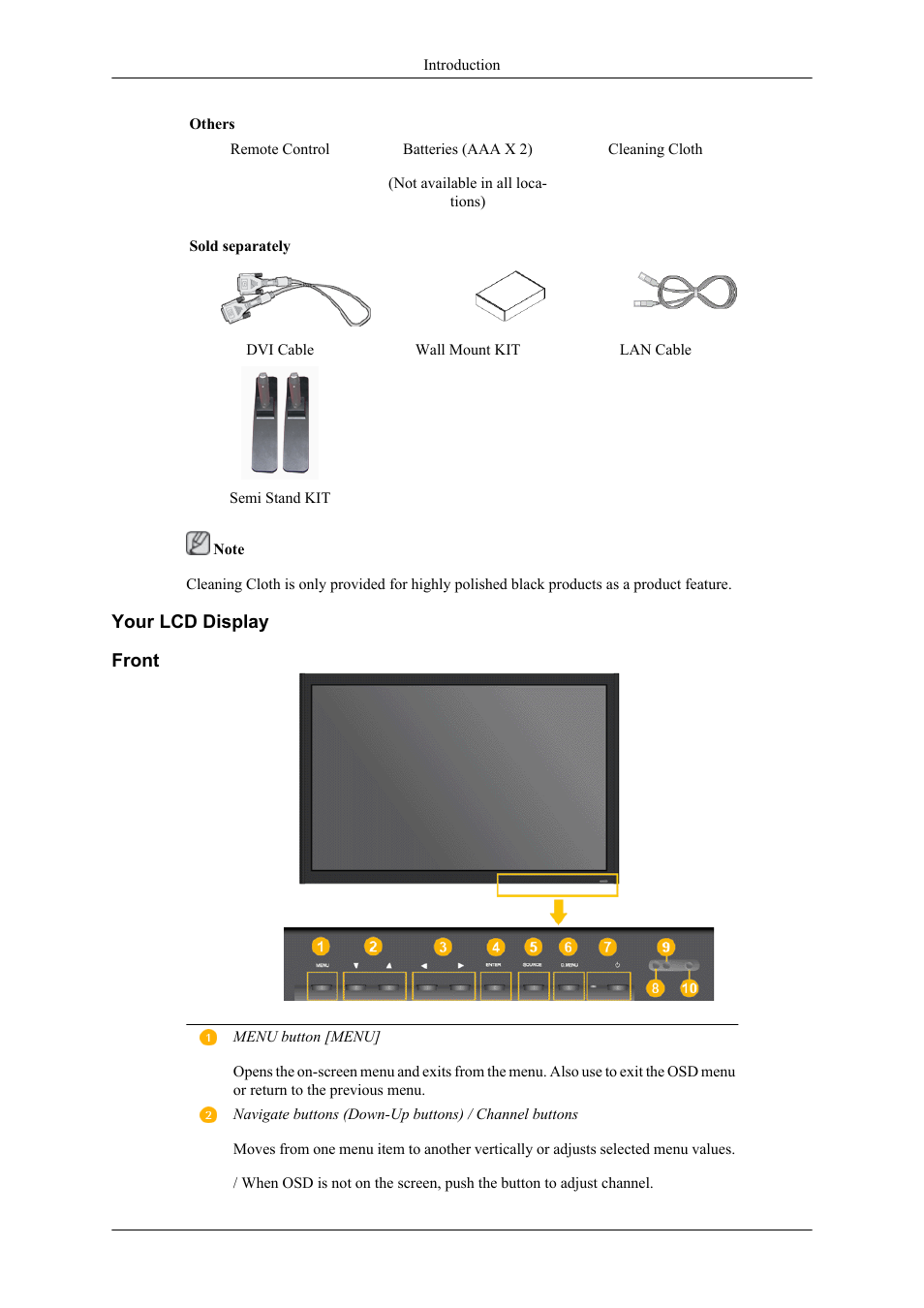 Your lcd display, Front | Samsung 400CXN User Manual | Page 10 / 132