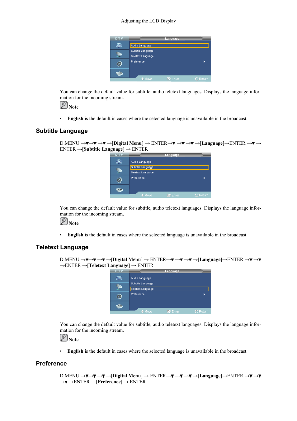 Subtitle language, Teletext language, Preference | Samsung 400CXN User Manual | Page 105 / 132