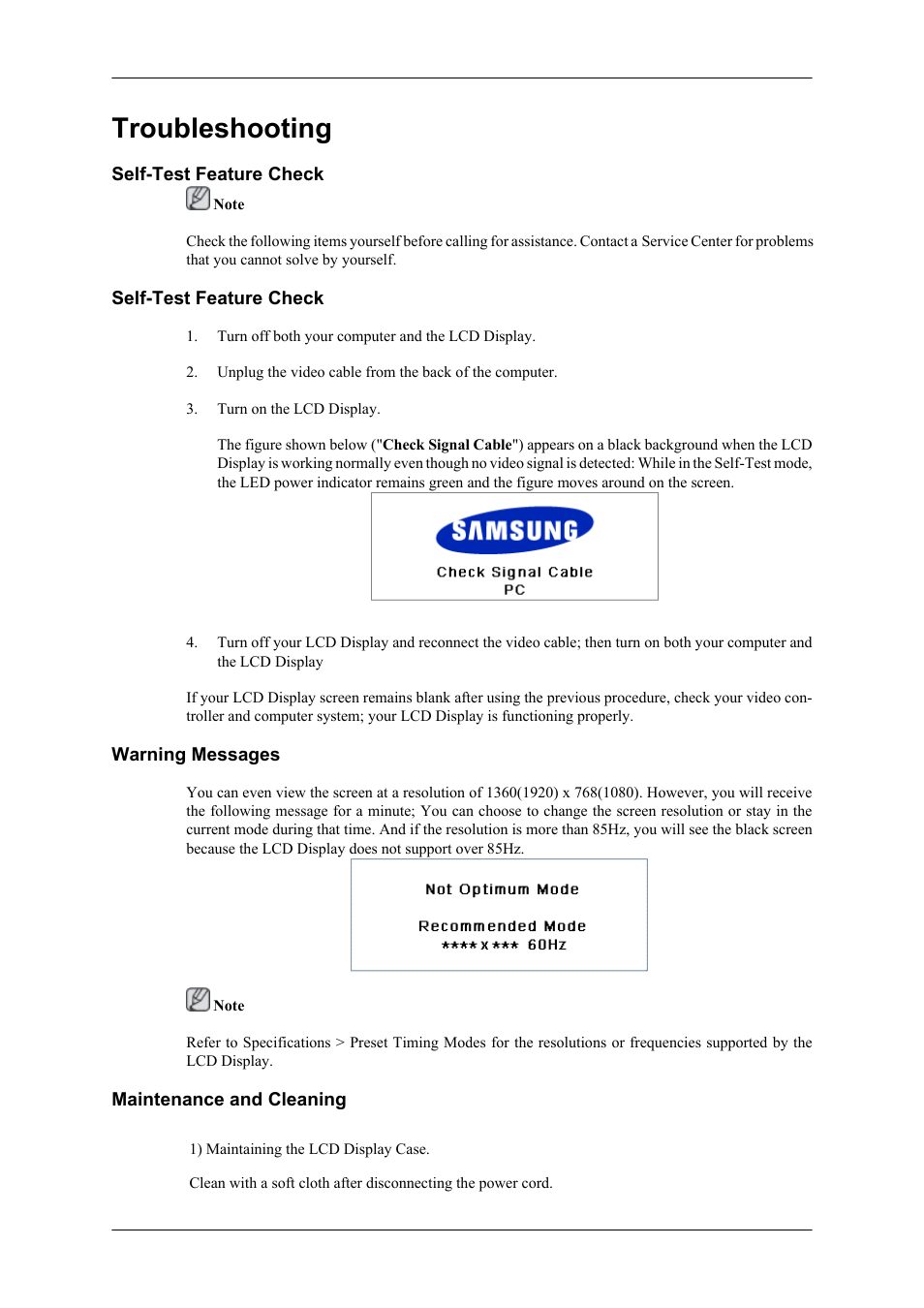 Troubleshooting, Self-test feature check, Warning messages | Maintenance and cleaning | Samsung 400CXN User Manual | Page 107 / 132