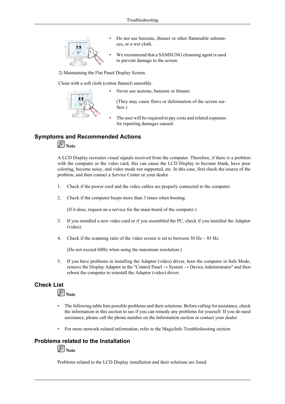 Symptoms and recommended actions, Check list, Problems related to the installation | Samsung 400CXN User Manual | Page 108 / 132