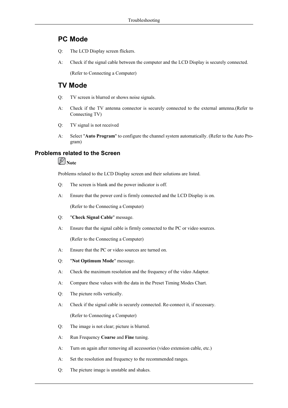 Problems related to the screen, Pc mode, Tv mode | Samsung 400CXN User Manual | Page 109 / 132