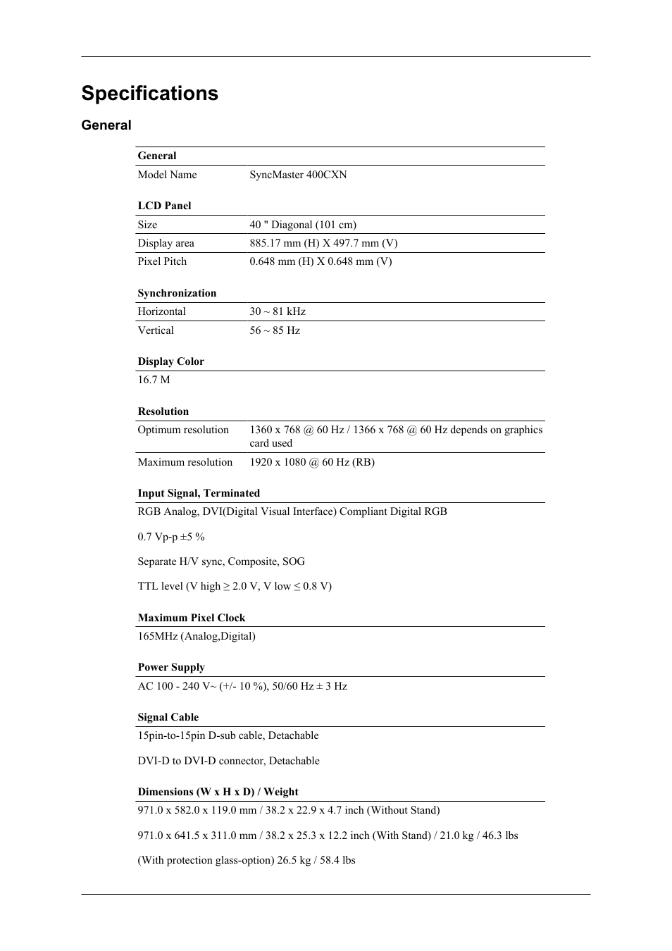 Specifications, General | Samsung 400CXN User Manual | Page 114 / 132