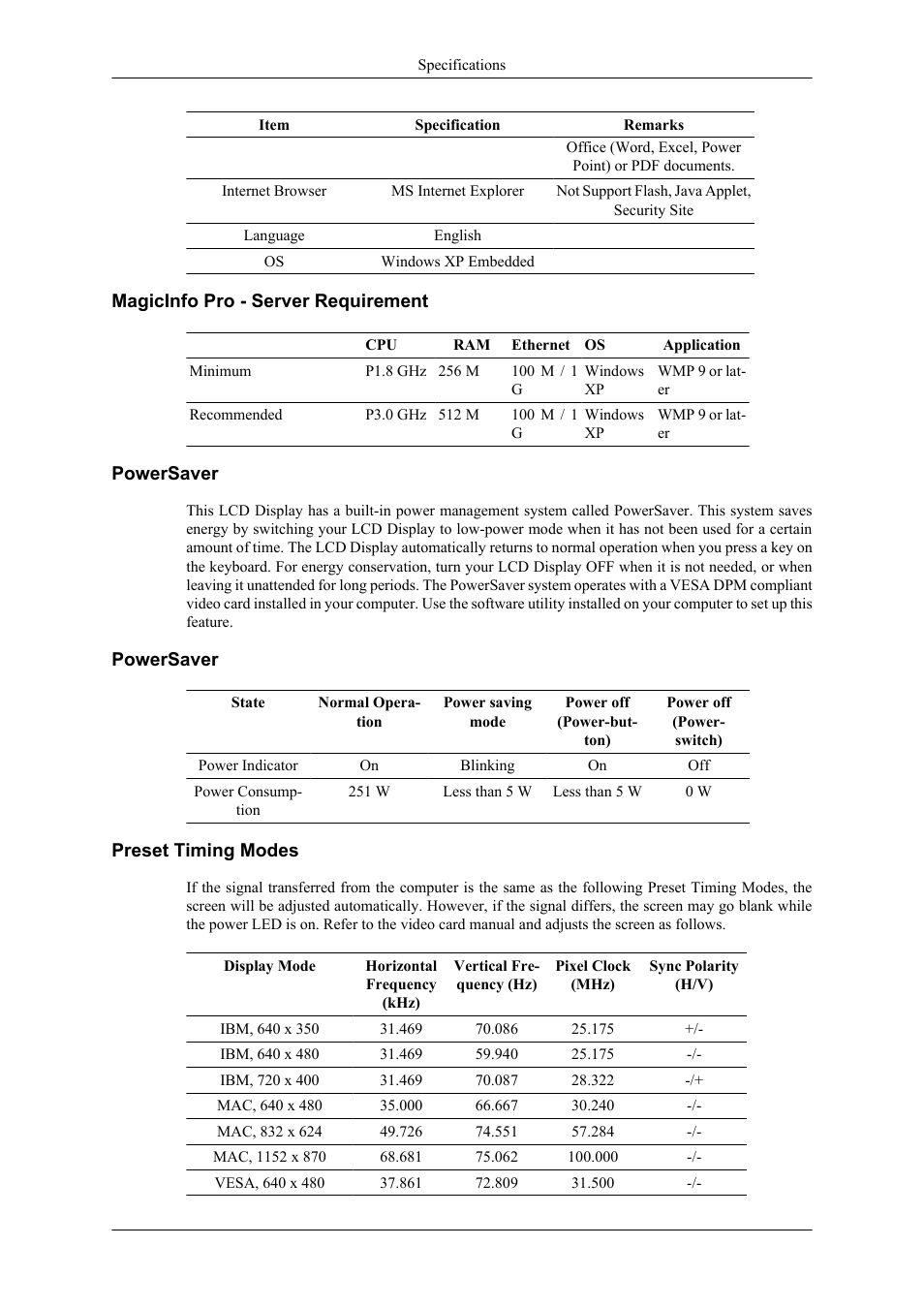 Magicinfo pro - server requirement, Powersaver, Preset timing modes | Samsung 400CXN User Manual | Page 116 / 132