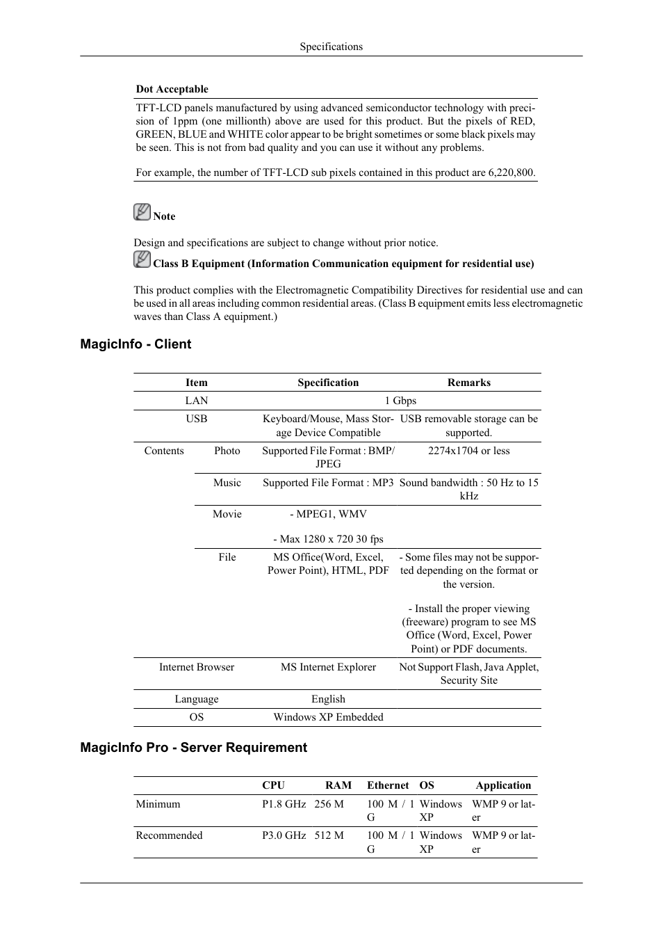 Magicinfo - client, Magicinfo pro - server requirement | Samsung 400CXN User Manual | Page 119 / 132