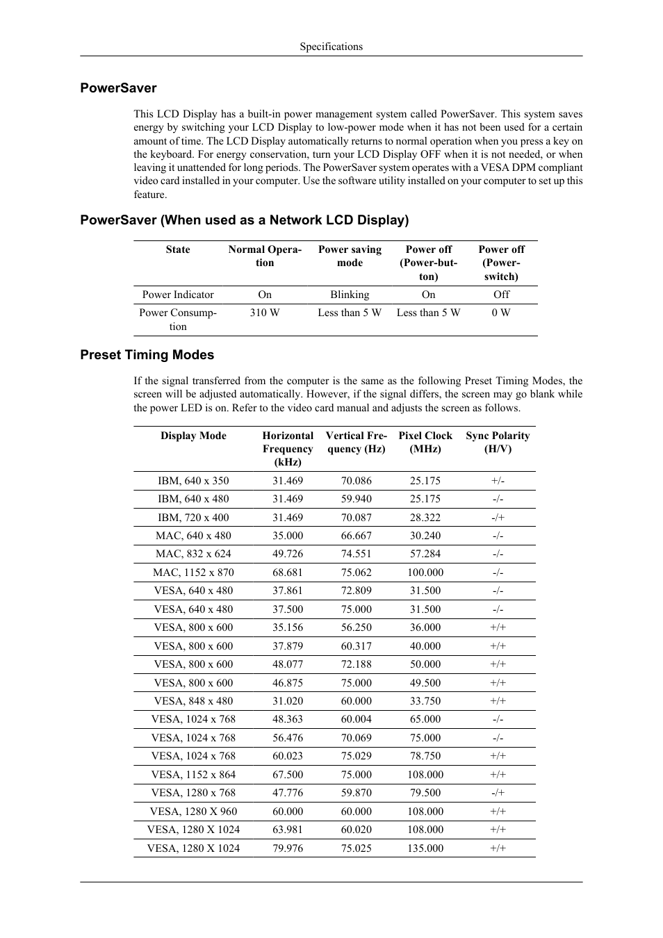 Powersaver, Powersaver (when used as a network lcd display), Preset timing modes | Samsung 400CXN User Manual | Page 120 / 132