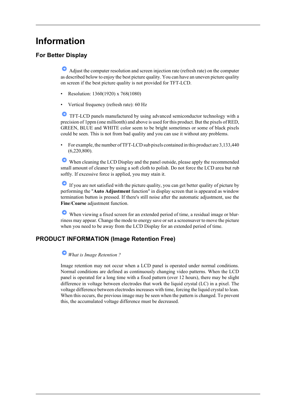 Information, For better display, Product information (image retention free) | Samsung 400CXN User Manual | Page 122 / 132