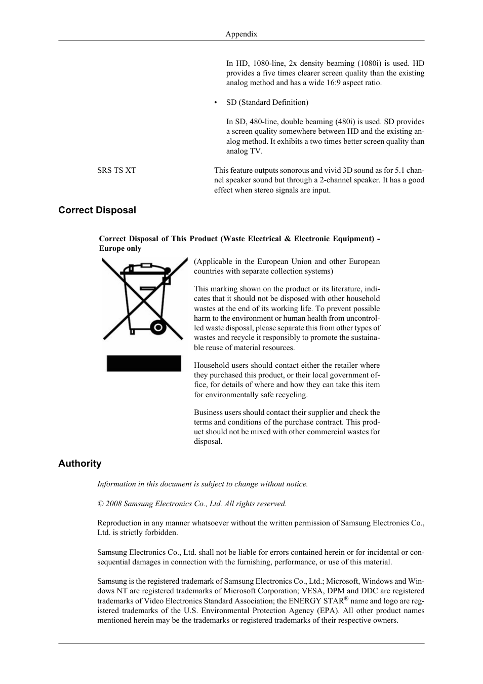 Correct disposal, Authority | Samsung 400CXN User Manual | Page 131 / 132