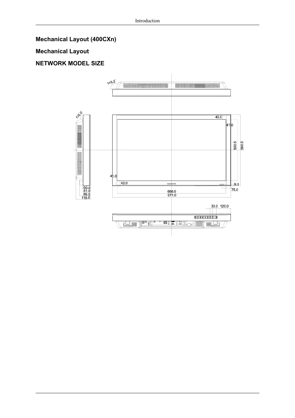 Mechanical layout (400cxn), Mechanical layout, Network model size | Samsung 400CXN User Manual | Page 18 / 132