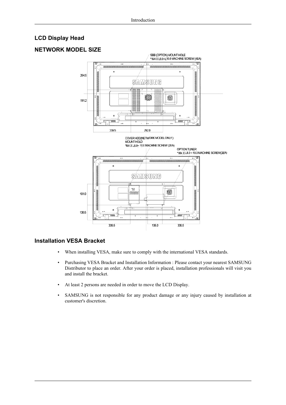 Lcd display head, Network model size, Installation vesa bracket | Samsung 400CXN User Manual | Page 19 / 132