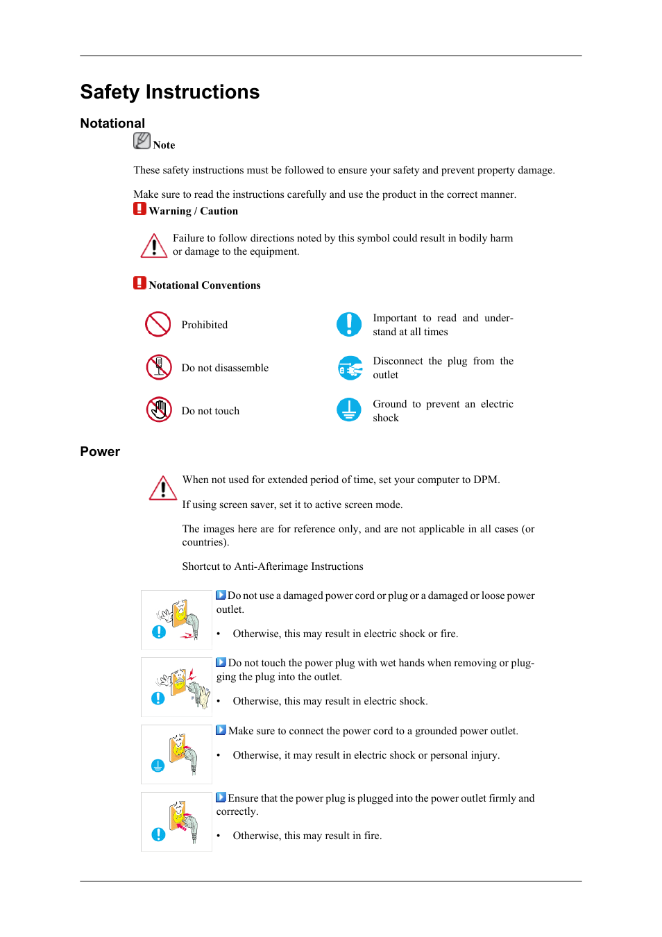 Safety instructions, Notational, Power | Samsung 400CXN User Manual | Page 2 / 132