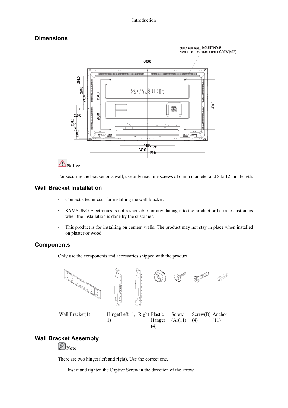 Dimensions, Wall bracket installation, Components | Wall bracket assembly | Samsung 400CXN User Manual | Page 20 / 132