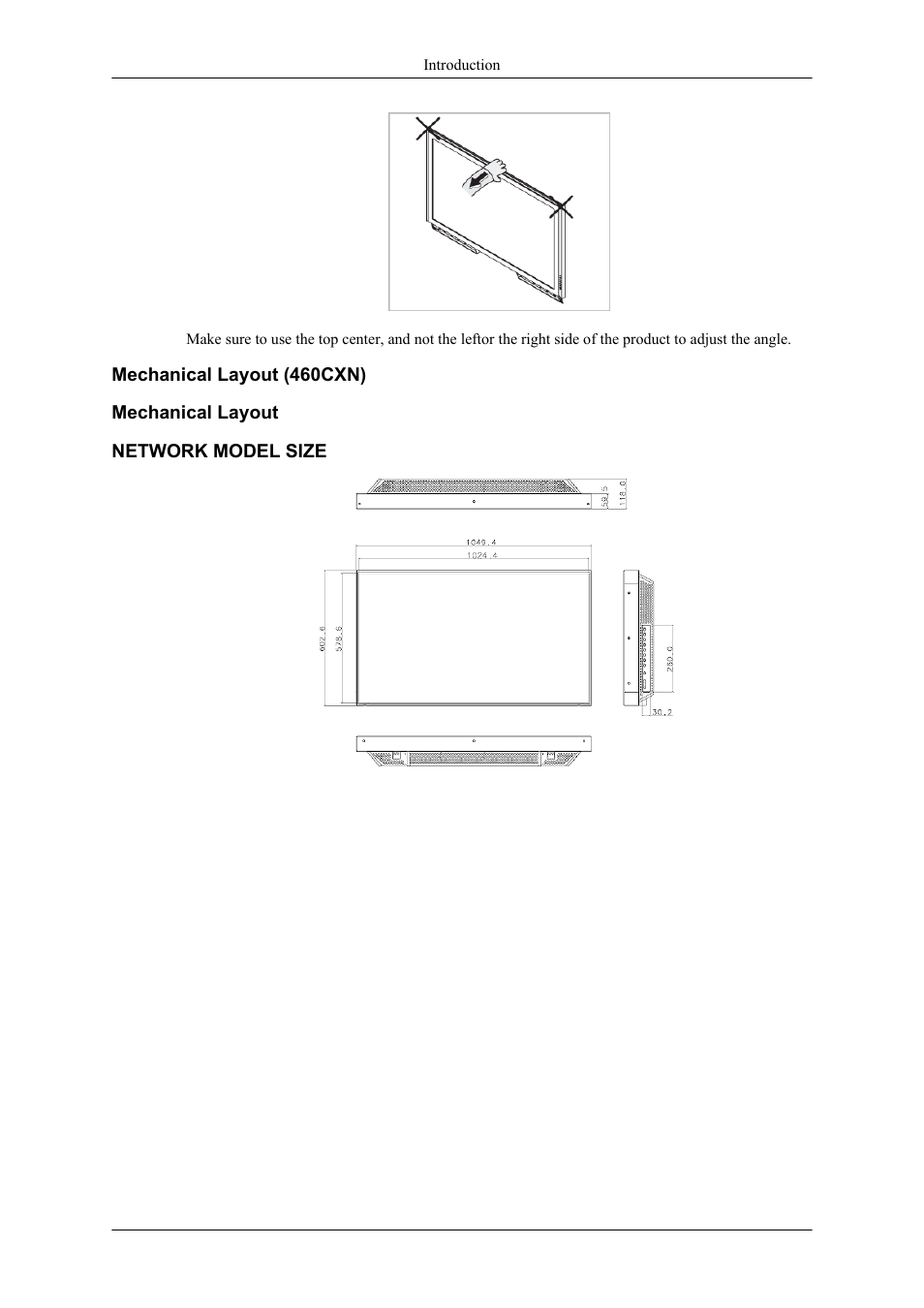 Mechanical layout (460cxn), Mechanical layout, Network model size | Samsung 400CXN User Manual | Page 24 / 132