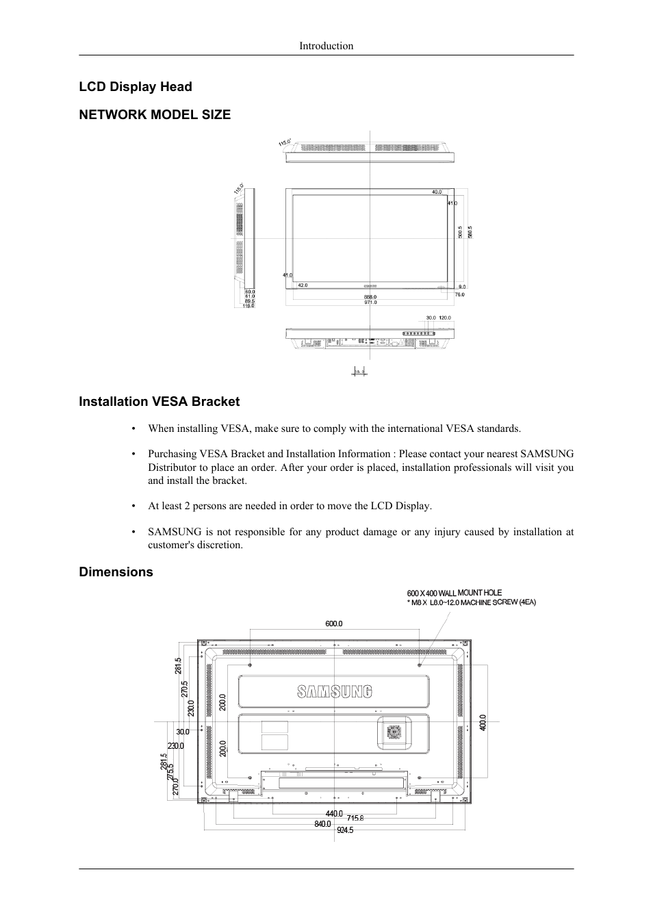 Lcd display head, Network model size, Installation vesa bracket | Dimensions | Samsung 400CXN User Manual | Page 25 / 132