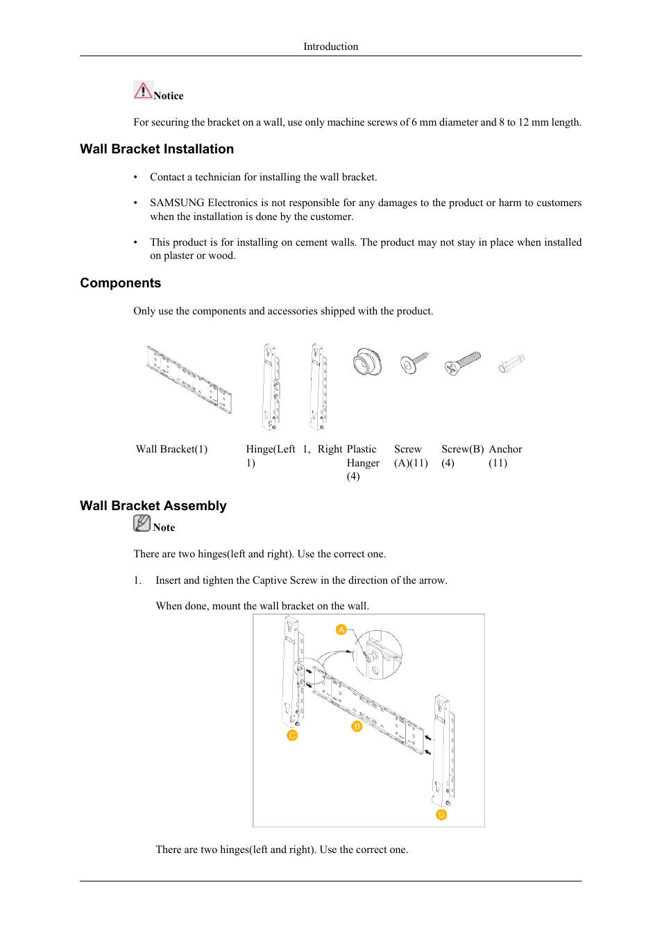 Wall bracket installation, Components, Wall bracket assembly | Samsung 400CXN User Manual | Page 26 / 132