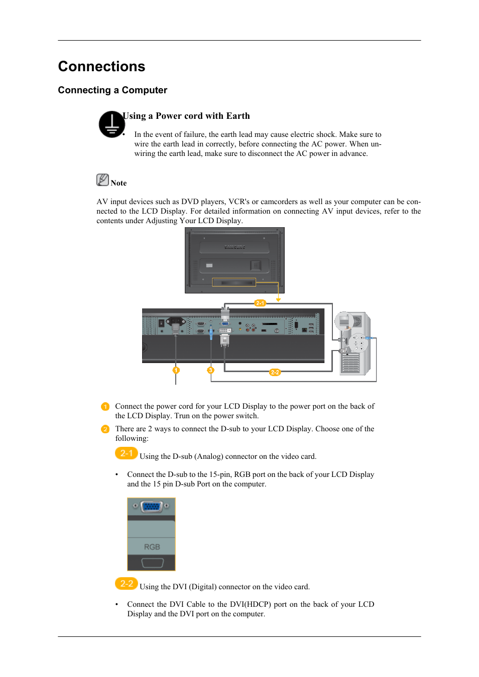 Connections, Connecting a computer | Samsung 400CXN User Manual | Page 30 / 132