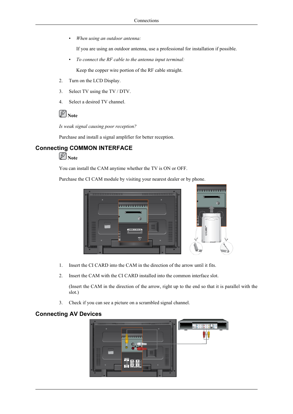 Connecting common interface, Connecting av devices | Samsung 400CXN User Manual | Page 32 / 132