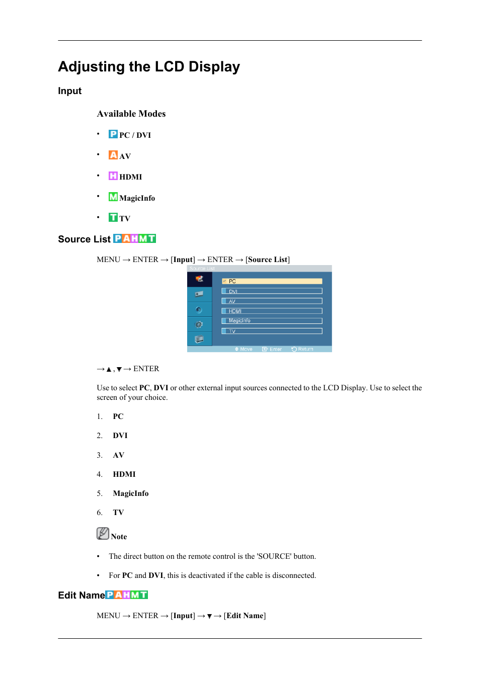 Adjusting the lcd display, Input, Source list | Edit name | Samsung 400CXN User Manual | Page 48 / 132