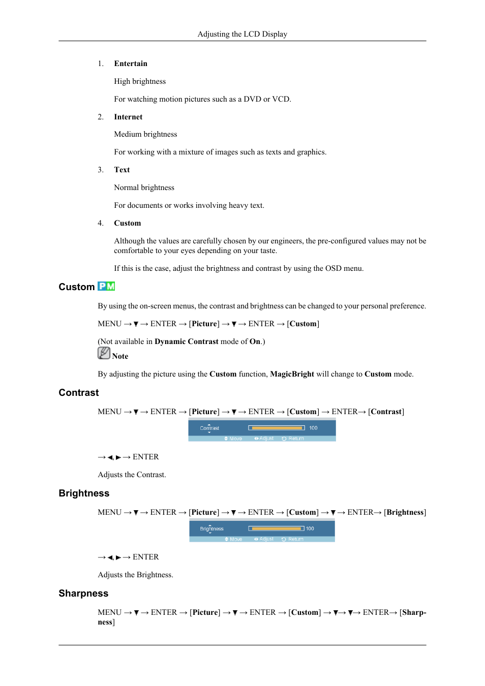 Custom, Contrast, Brightness | Sharpness | Samsung 400CXN User Manual | Page 50 / 132