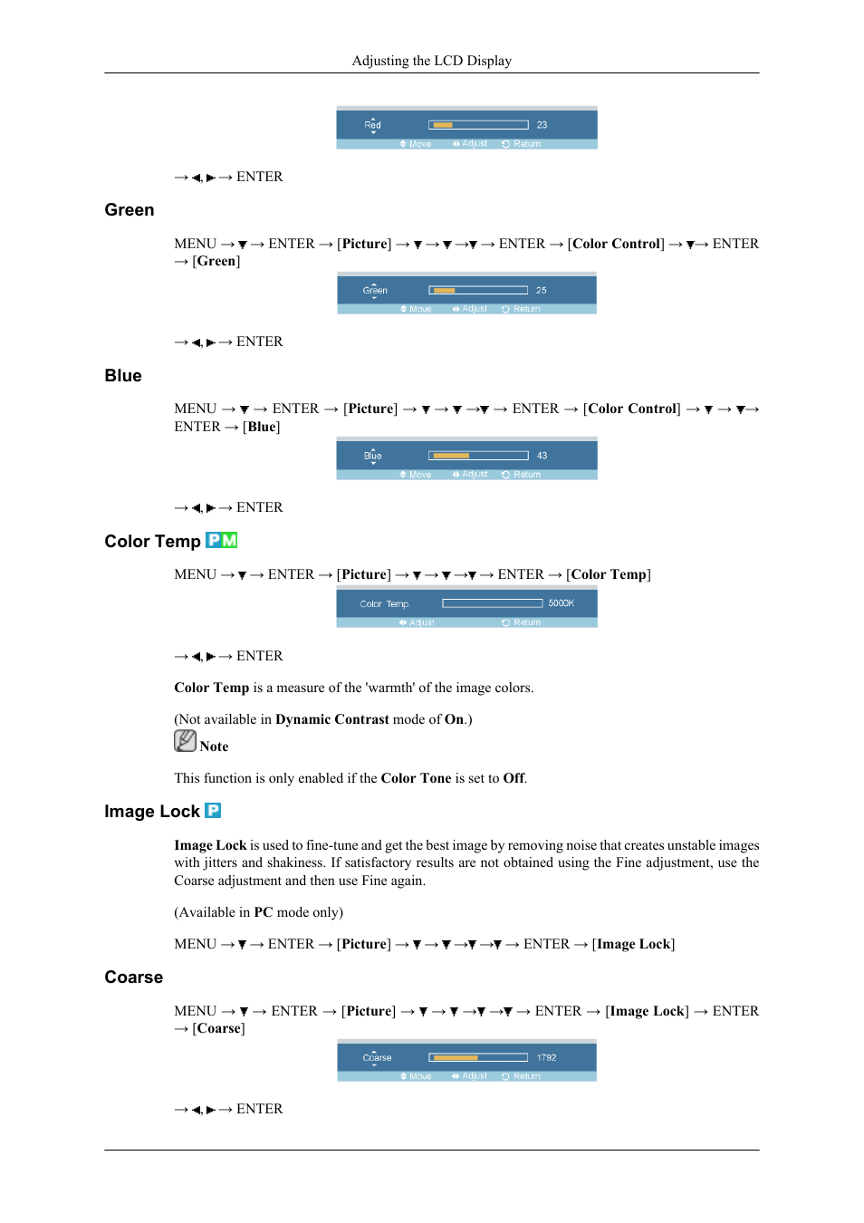 Green, Blue, Color temp | Image lock, Coarse | Samsung 400CXN User Manual | Page 52 / 132