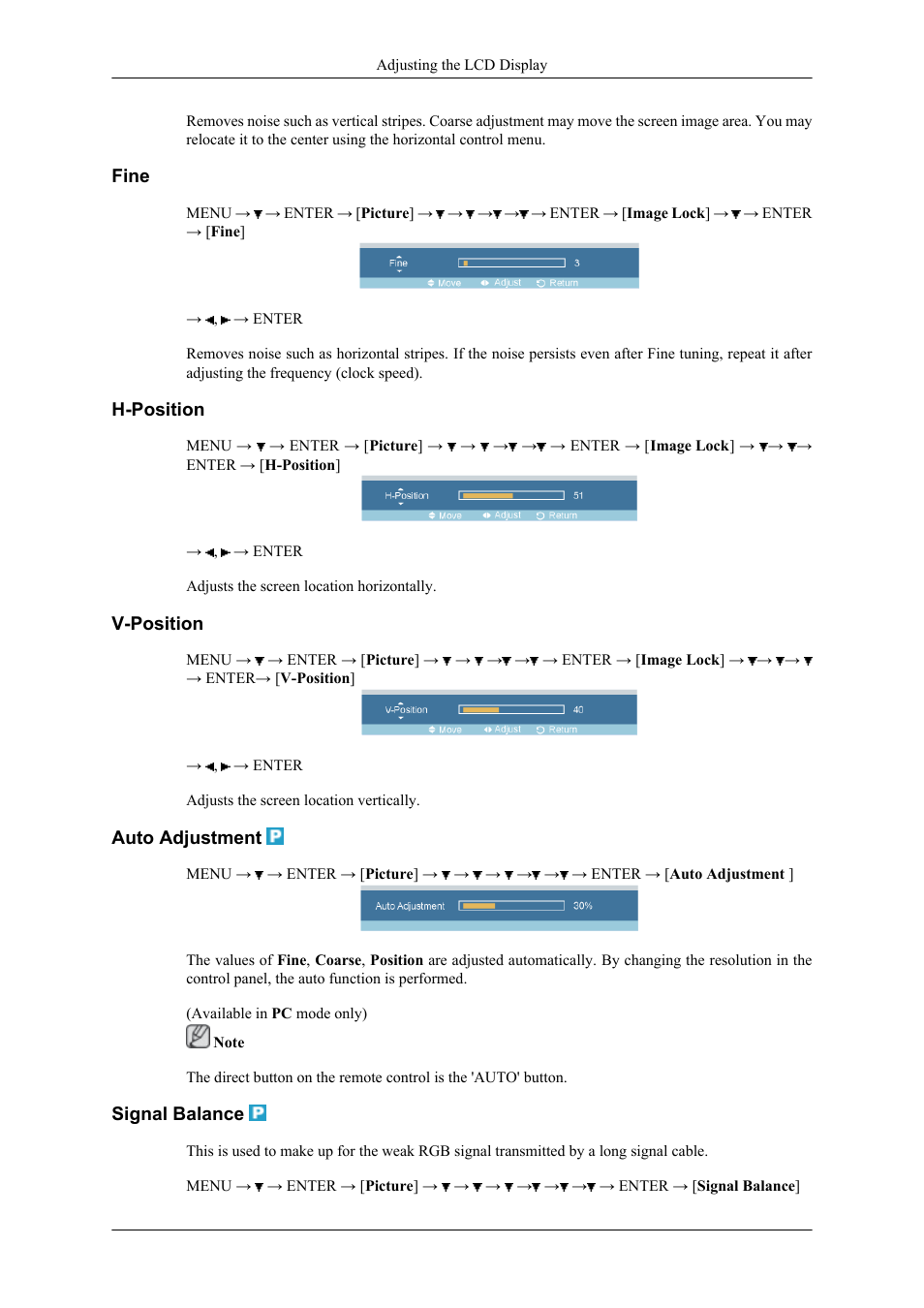 Fine, H-position, V-position | Auto adjustment, Signal balance | Samsung 400CXN User Manual | Page 53 / 132