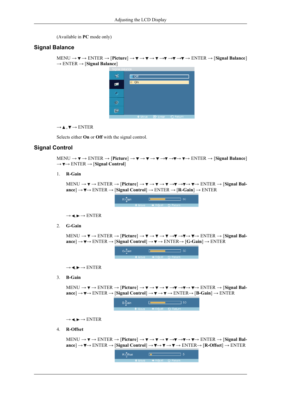 Signal balance, Signal control | Samsung 400CXN User Manual | Page 54 / 132