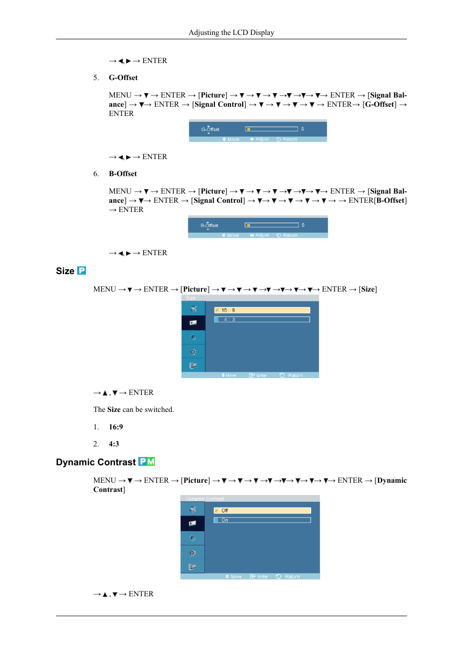 Size, Dynamic contrast | Samsung 400CXN User Manual | Page 55 / 132