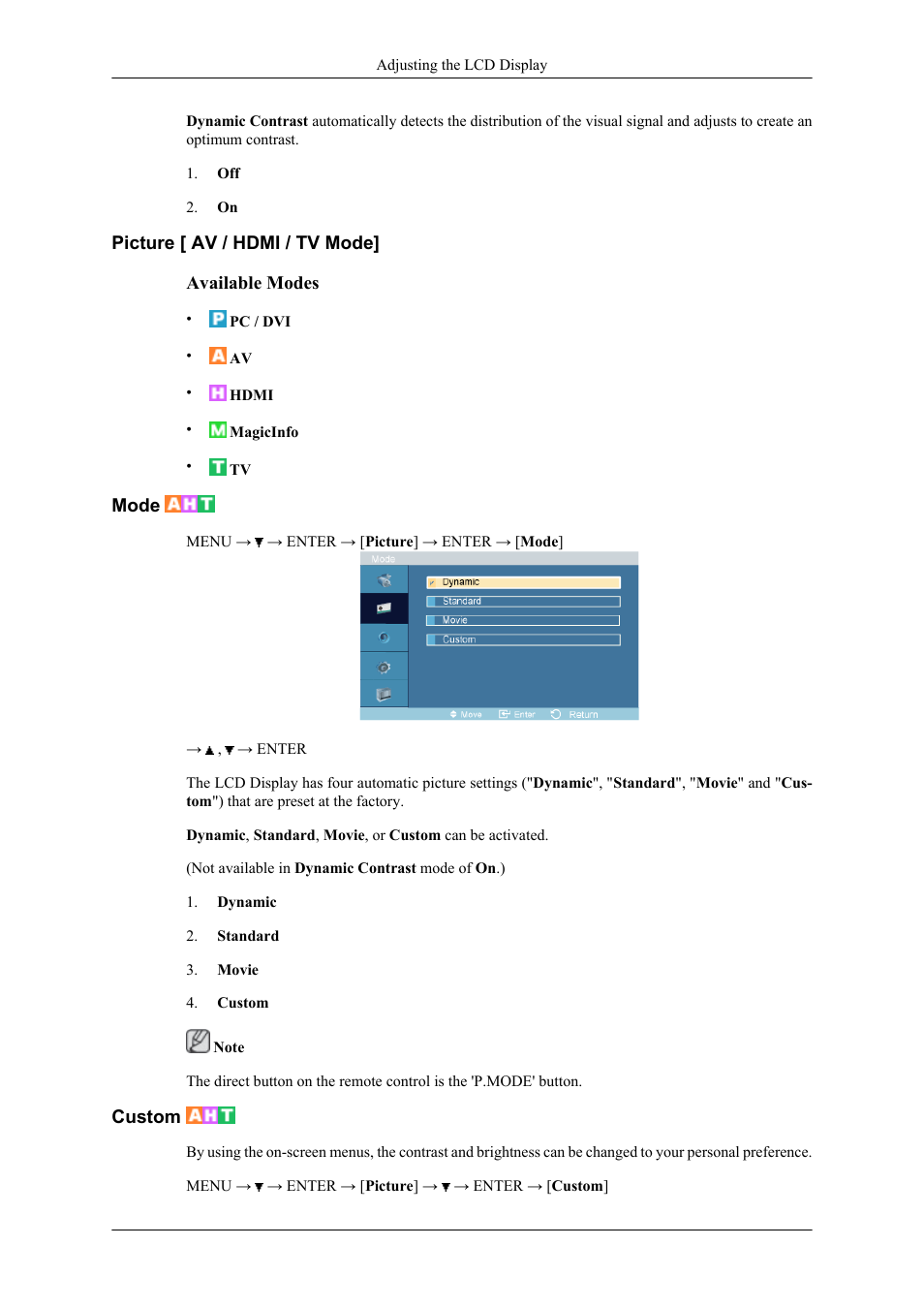 Picture [ av / hdmi / tv mode, Mode, Custom | Samsung 400CXN User Manual | Page 56 / 132