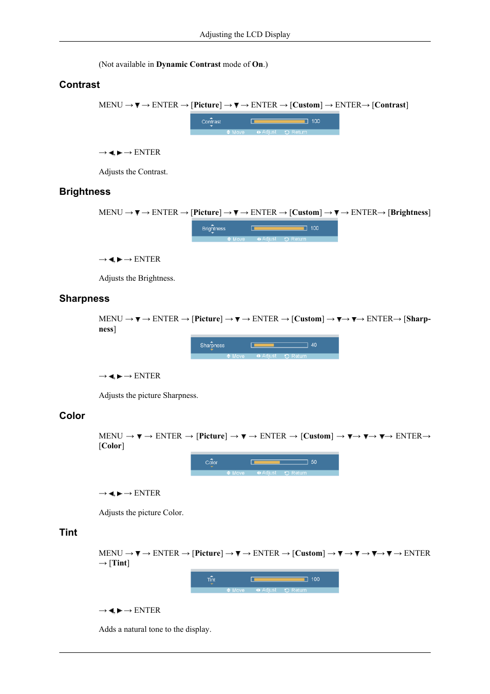 Contrast, Brightness, Sharpness | Color, Tint | Samsung 400CXN User Manual | Page 57 / 132