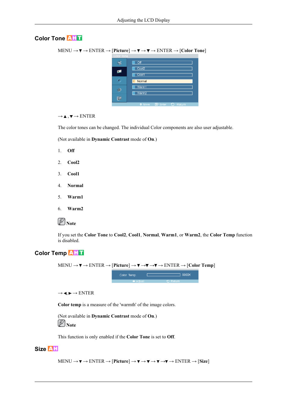 Color tone, Color temp, Size | Samsung 400CXN User Manual | Page 58 / 132