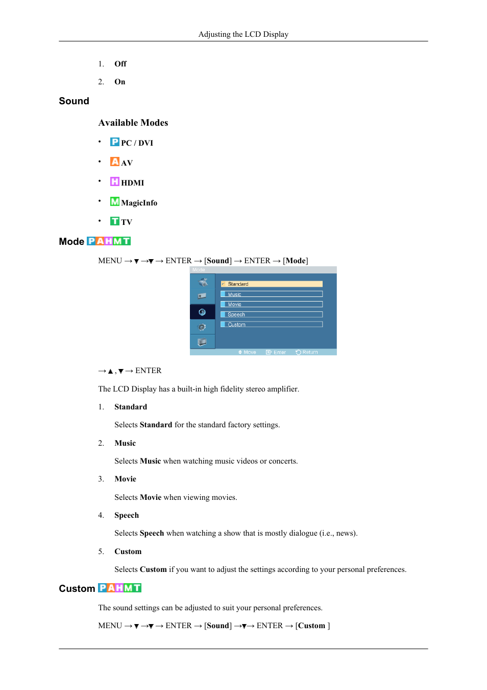 Sound, Mode, Custom | Samsung 400CXN User Manual | Page 61 / 132