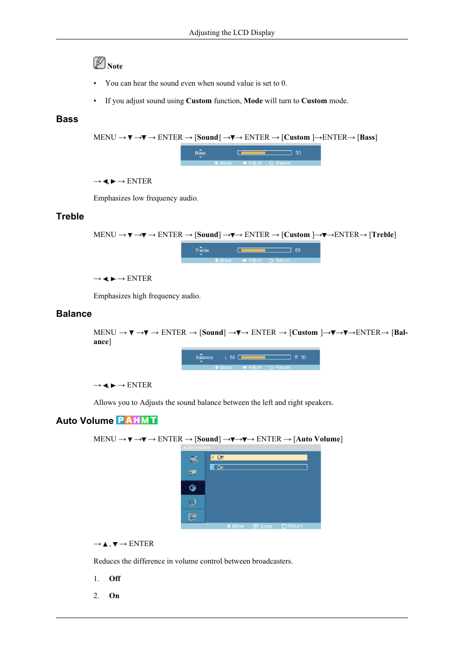 Bass, Treble, Balance | Auto volume | Samsung 400CXN User Manual | Page 62 / 132