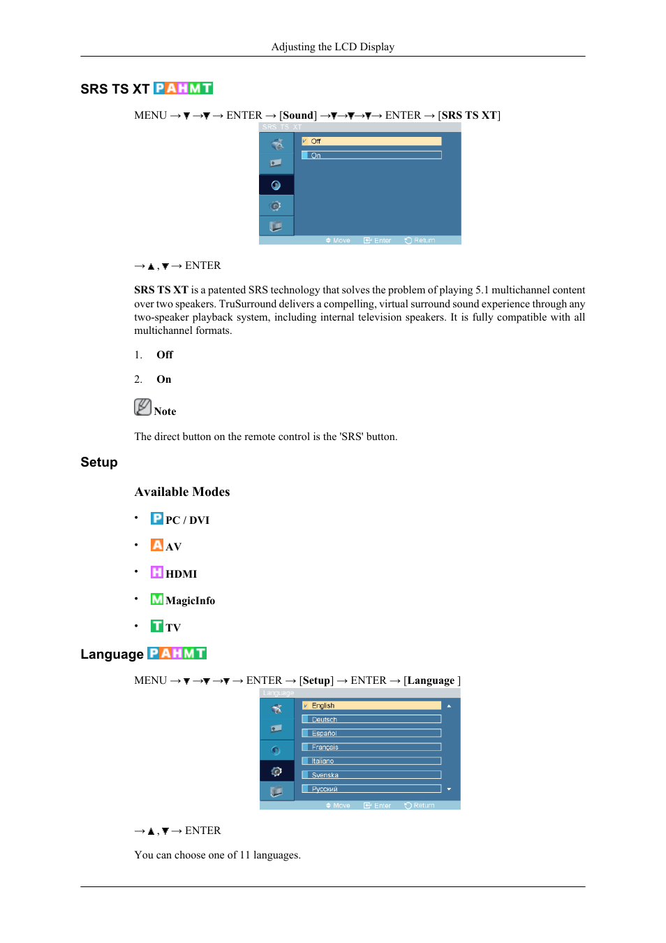 Srs ts xt, Setup, Language | Samsung 400CXN User Manual | Page 63 / 132