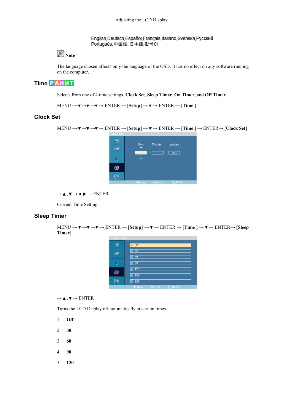 Time, Clock set, Sleep timer | Samsung 400CXN User Manual | Page 64 / 132