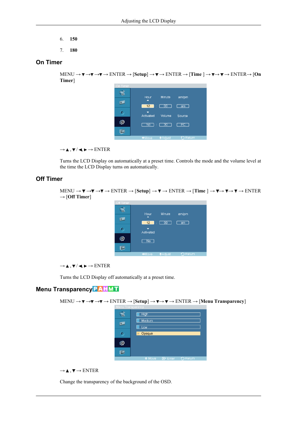 On timer, Off timer, Menu transparency | Samsung 400CXN User Manual | Page 65 / 132